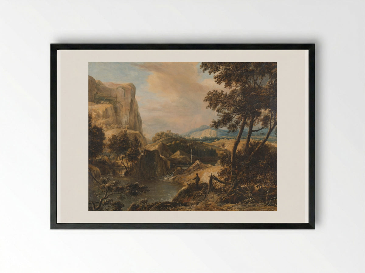 Bergachtig landschap met visser - Roelant Roghman - Framed Print Black