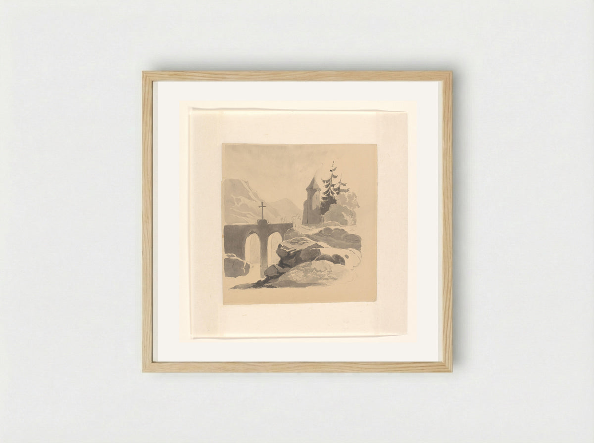 Berglandschap met een brug en toren - Johannes van Reijn - Framed Print Wood