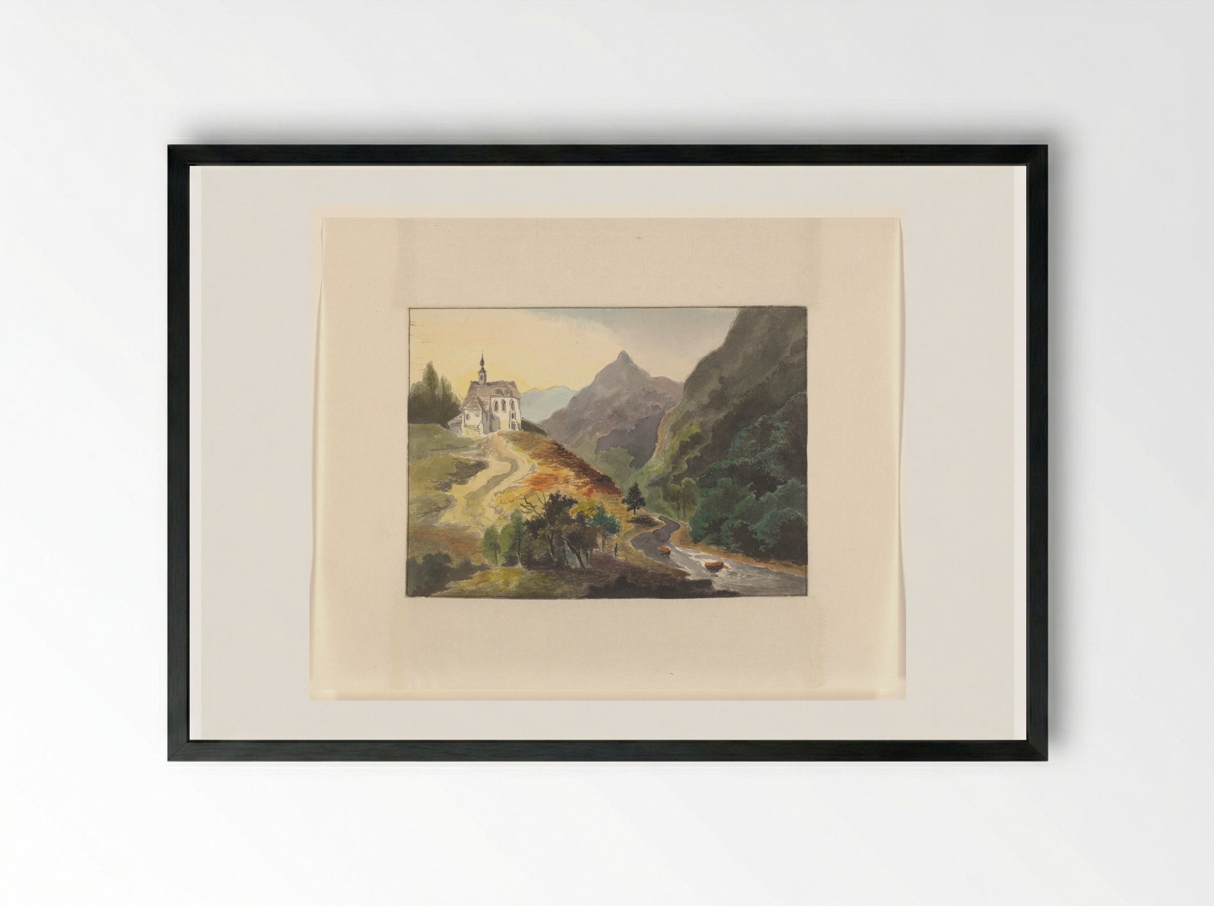 Berglandschap met een kerk bij een rivier - Johannes van Reijn - Framed Print Black