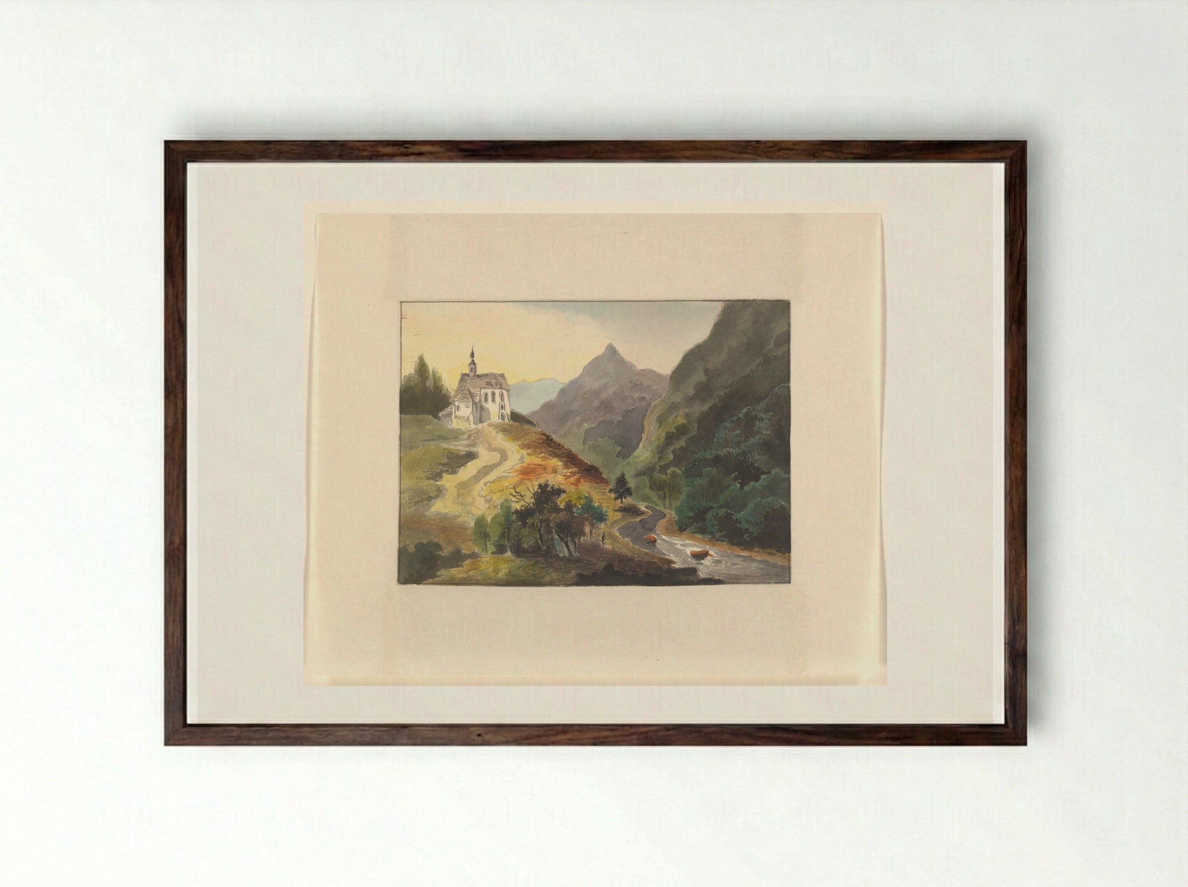 Berglandschap met een kerk bij een rivier - Johannes van Reijn - Framed Print Dark Wood