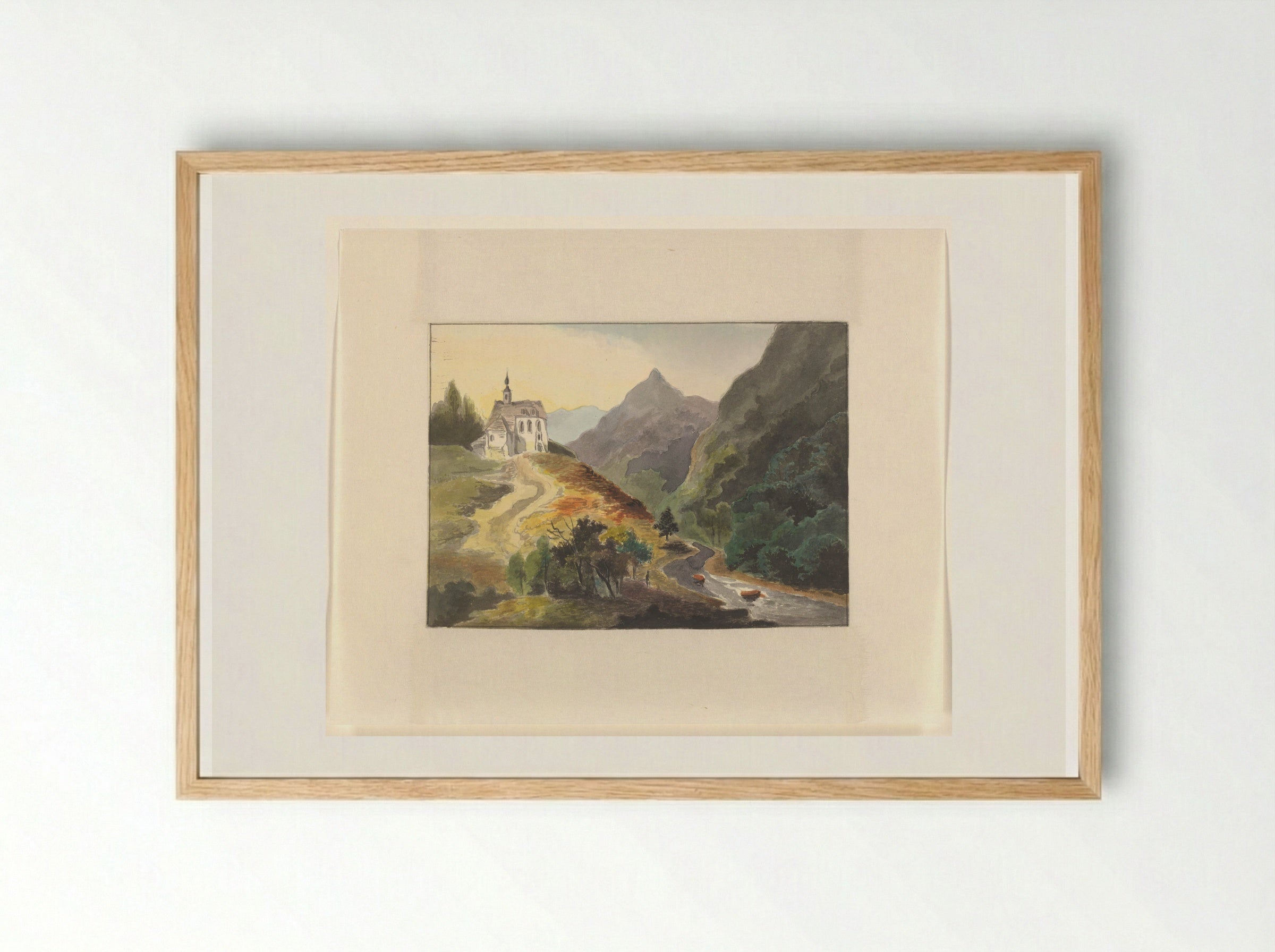 Berglandschap met een kerk bij een rivier - Johannes van Reijn - Framed Print Wood