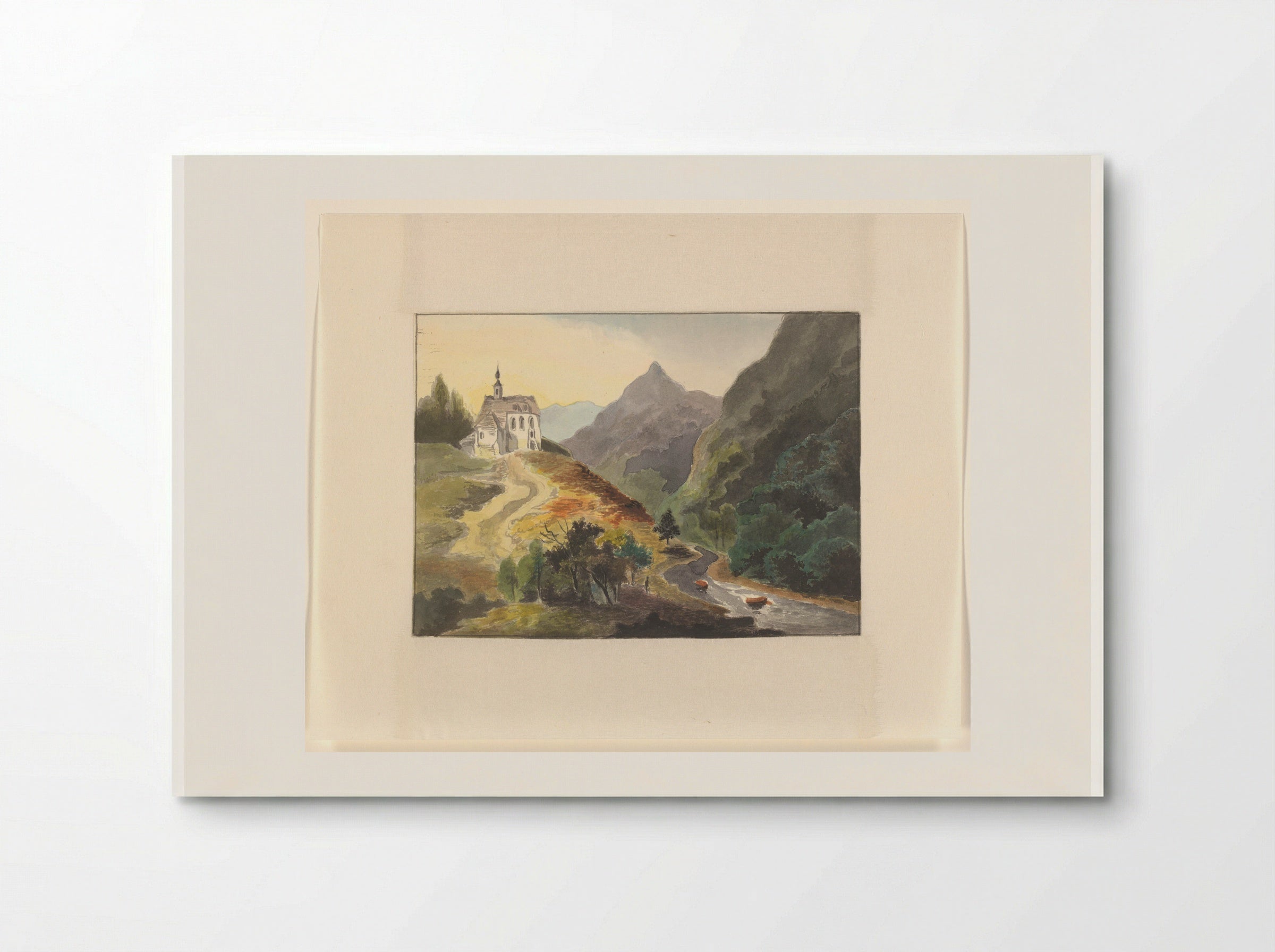 Berglandschap met een kerk bij een rivier - Johannes van Reijn - Poster