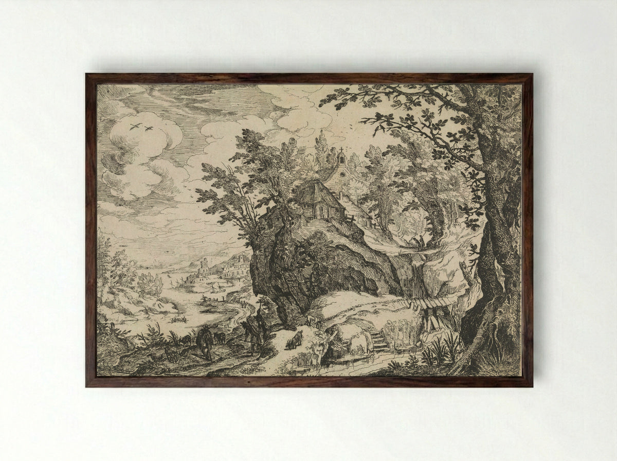 Berglandschap met een kerk - Nicolas Moillon - Framed Print Dark Wood