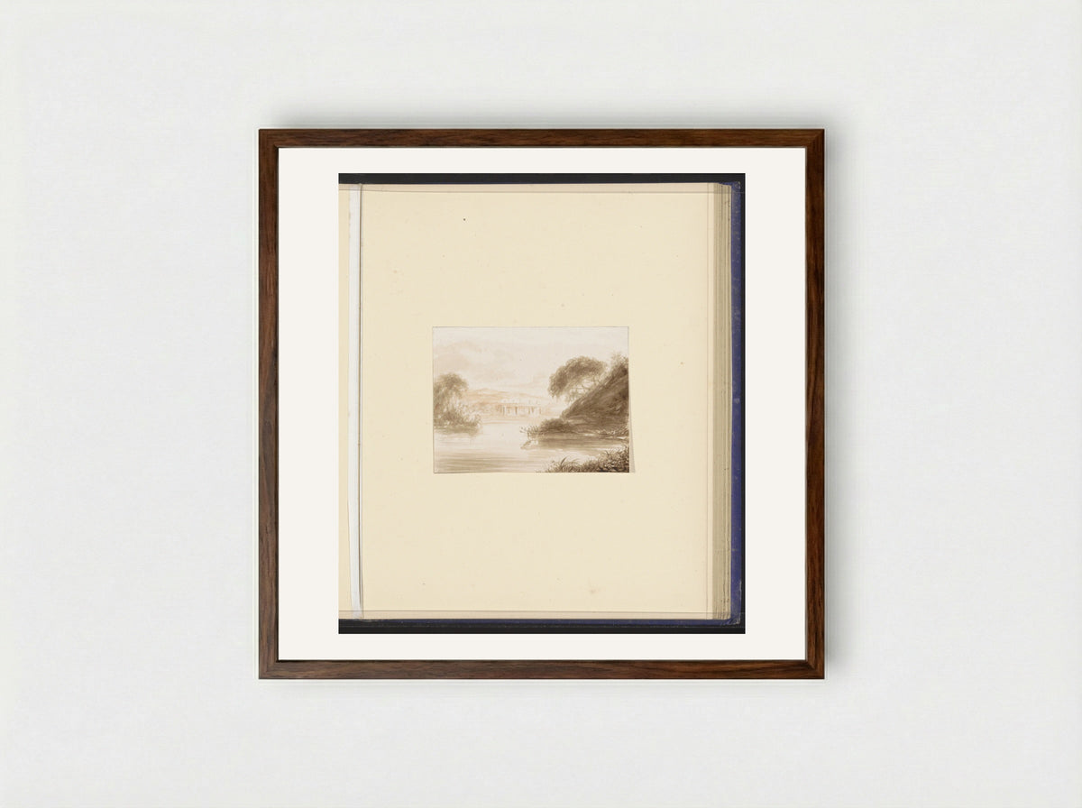 Berglandschap met een rivier en bebouwing - Alexander Ver Huell - Framed Print Dark Wood