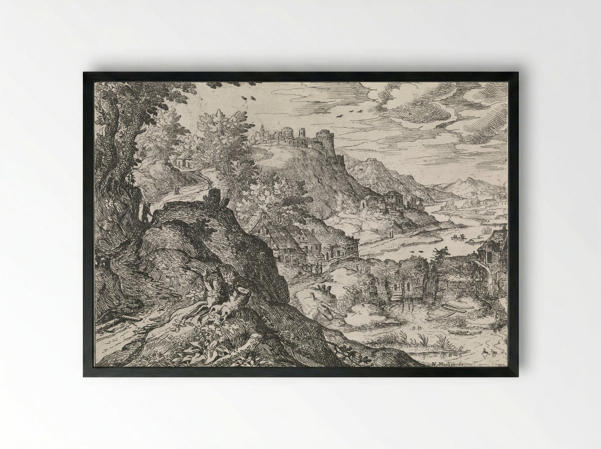 Berglandschap met een watermolen - Nicolas Moillon - Framed Print Black