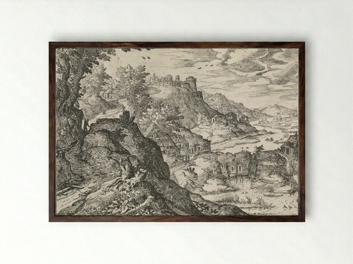 Berglandschap met een watermolen - Nicolas Moillon - Framed Print Dark Wood