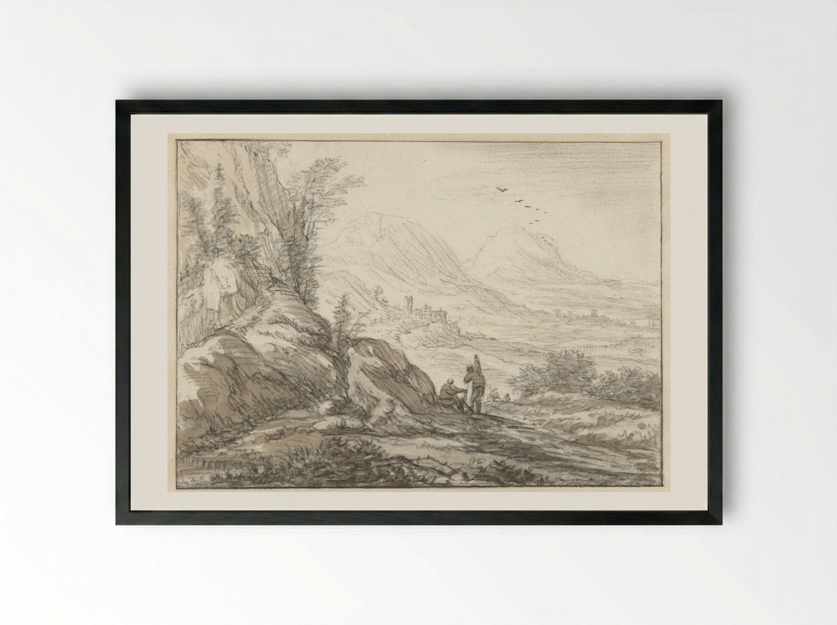 Berglandschap met gezicht op een dal - Herman Saftleven - Framed Print Black