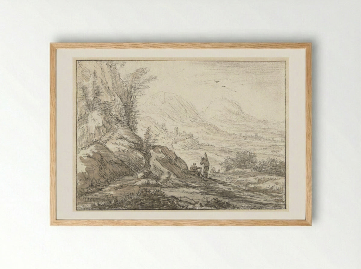 Berglandschap met gezicht op een dal - Herman Saftleven - Framed Print Wood