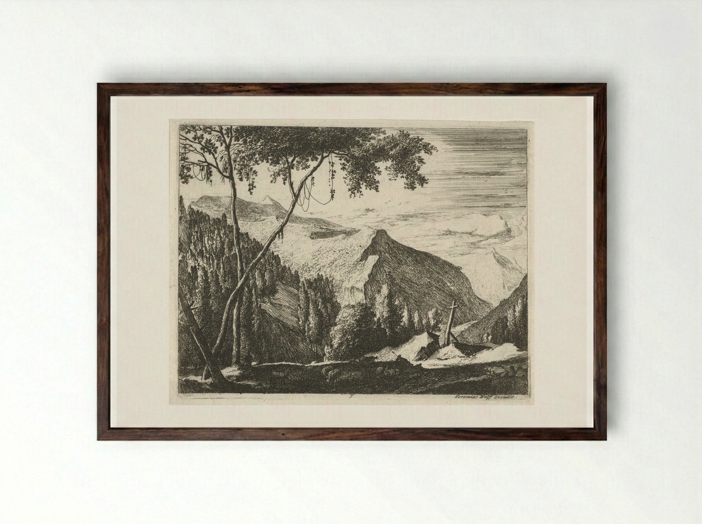 Berglandschap met kruis - Roelant Roghman - Framed Print Dark Wood