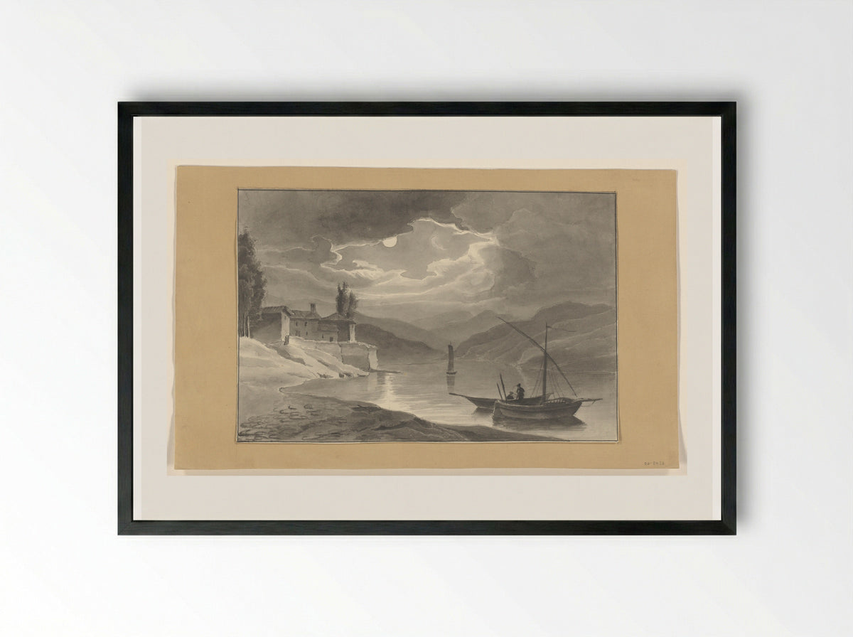 Berglandschap met meer bij nacht - Johannes van Reijn - Framed Print Black