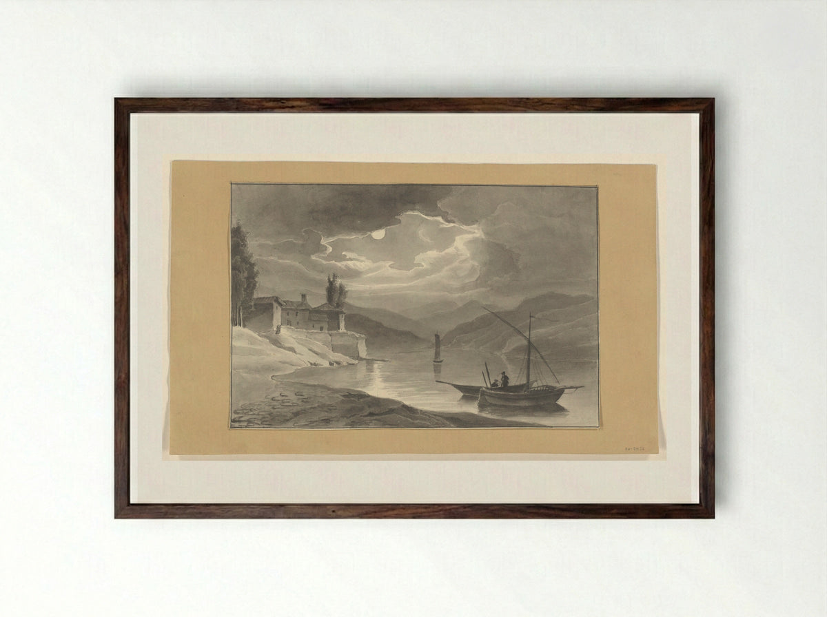 Berglandschap met meer bij nacht - Johannes van Reijn - Framed Print Dark Wood