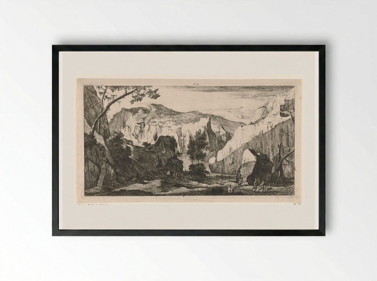 Berglandschap met rotsen - Roelant Roghman - Framed Print Black