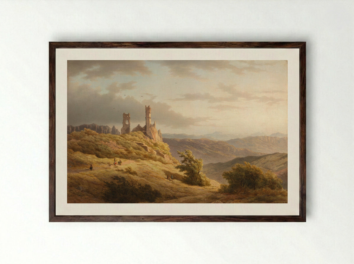 Berglandschap met ruïne - Louwrens Hanedoes - Framed Print Dark Wood