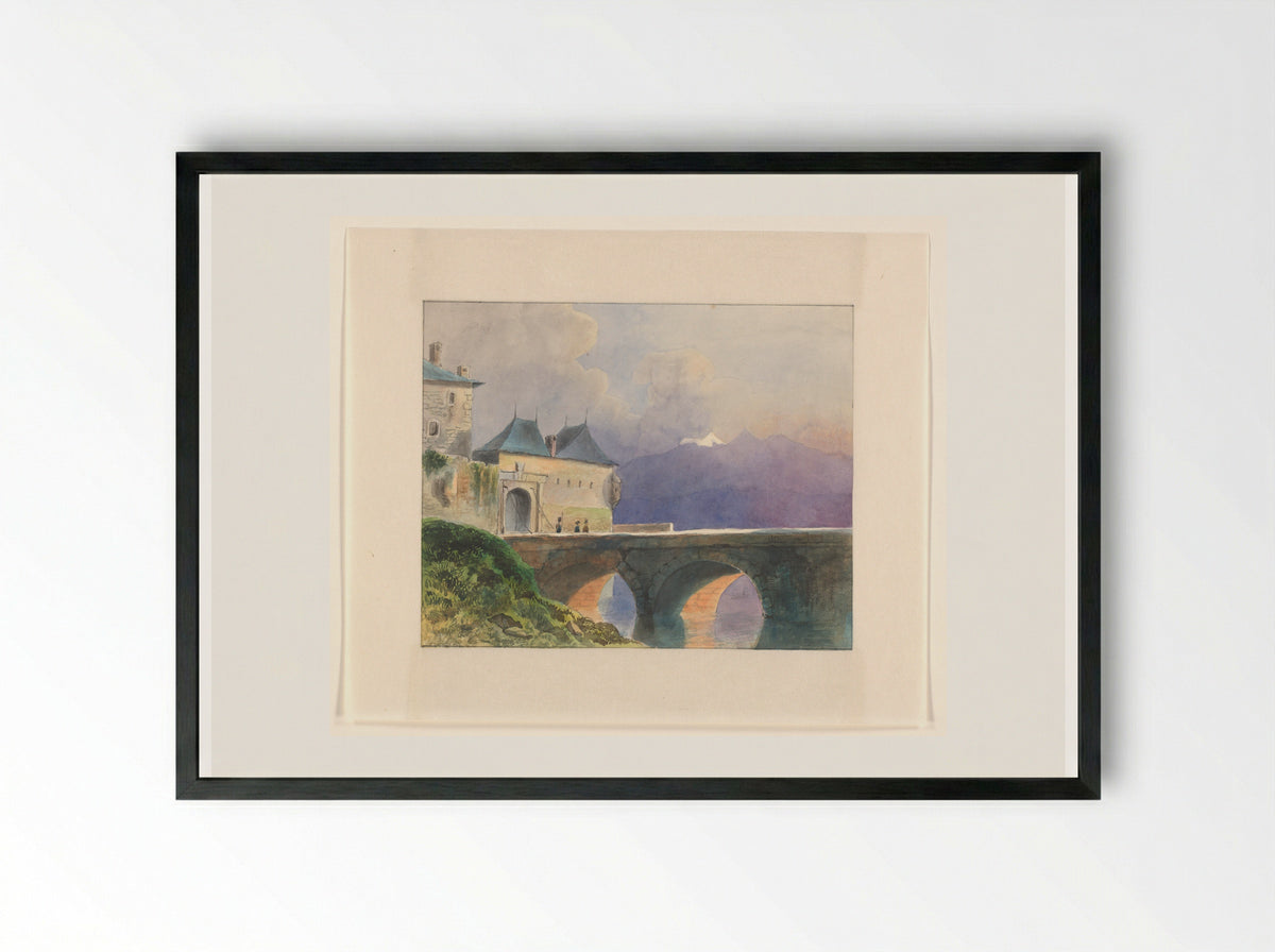 Berglandschap met stadsmuur en brug - Johannes van Reijn - Framed Print Black