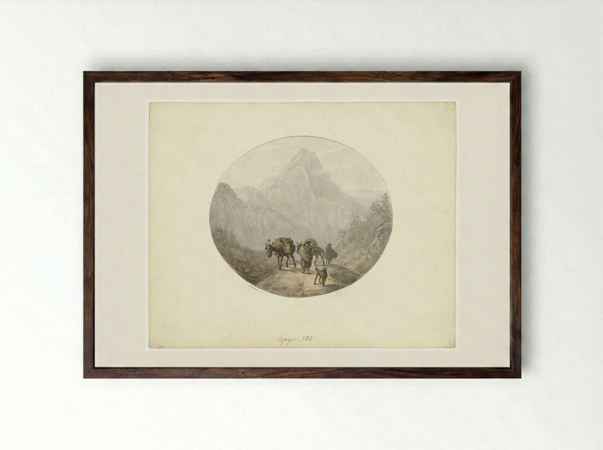 Berglandschap te Spanje, met pakezels - Otto Baron Howen - Framed Print Dark Wood