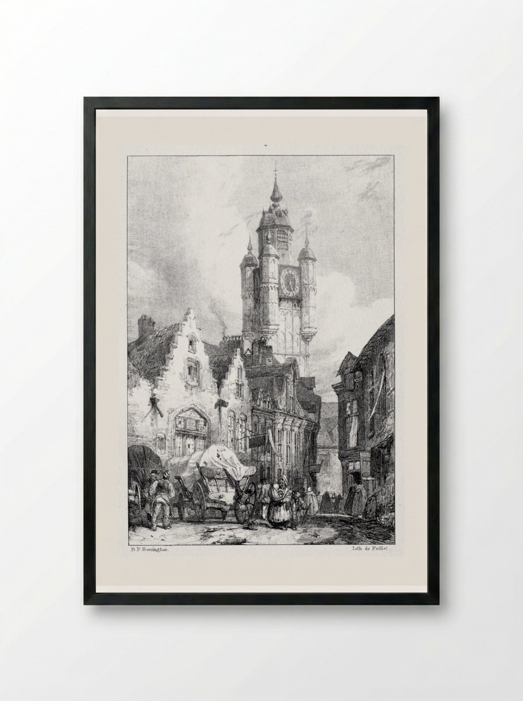 Bergues: La Tour du marché - Richard Parkes Bonington - Framed Print Black
