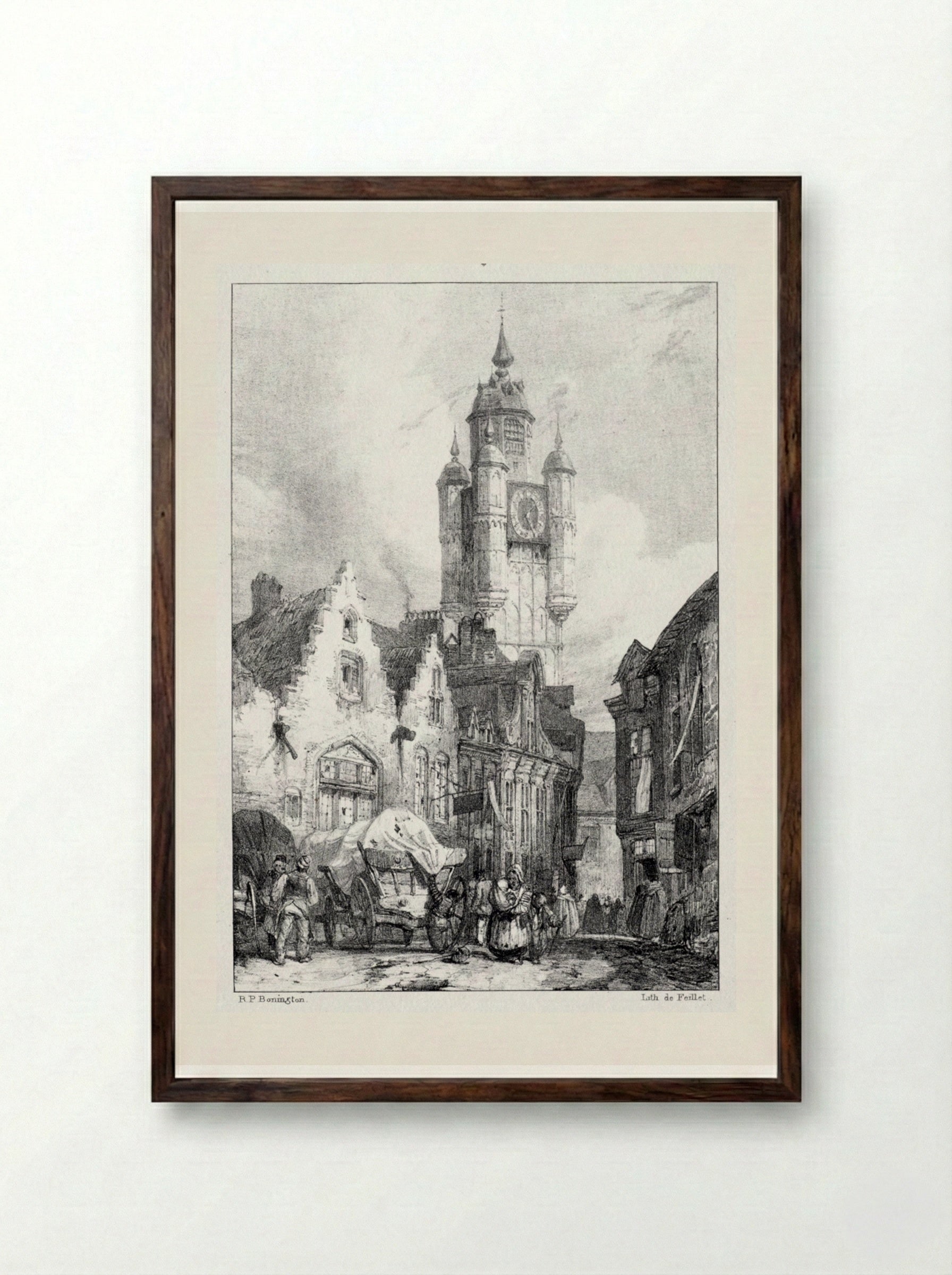 Bergues: La Tour du marché - Richard Parkes Bonington - Framed Print Dark Wood