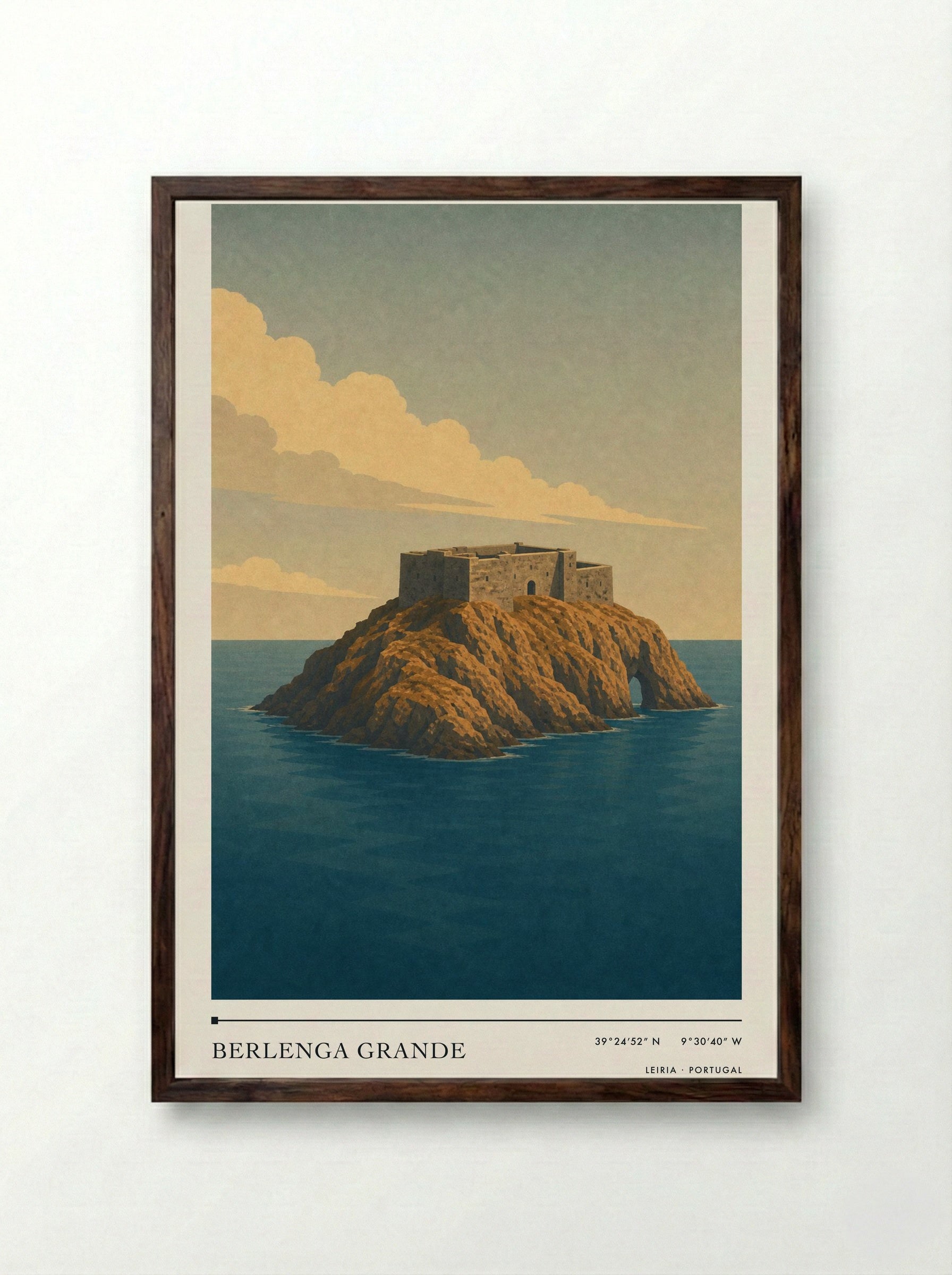 Berlenga Grande Travel Poster Artwork - Framed Print Dark Wood