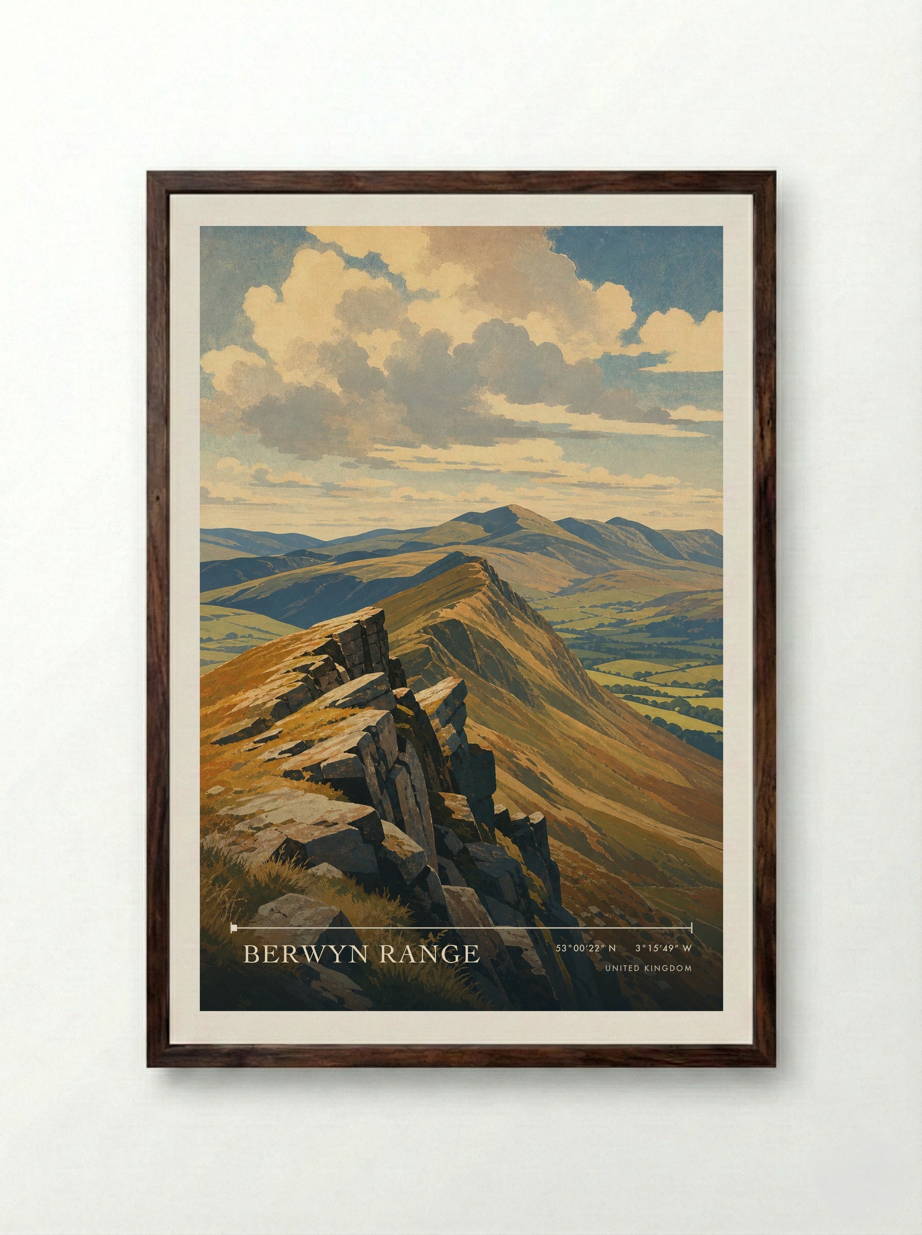 Berwyn Range United Kingdom Travel Poster - Framed Print Dark Wood