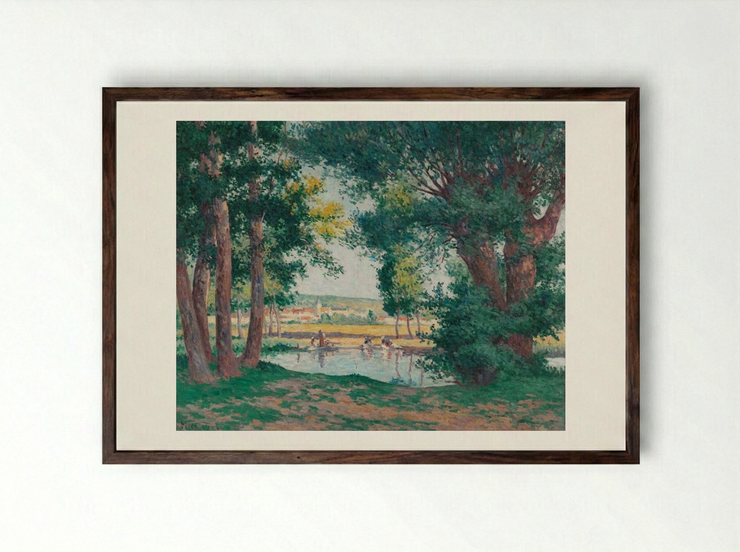Bessy-sur-Cure, The Washerwomen at the Water's Edge - Maximilien Luce - Framed Print Dark Wood