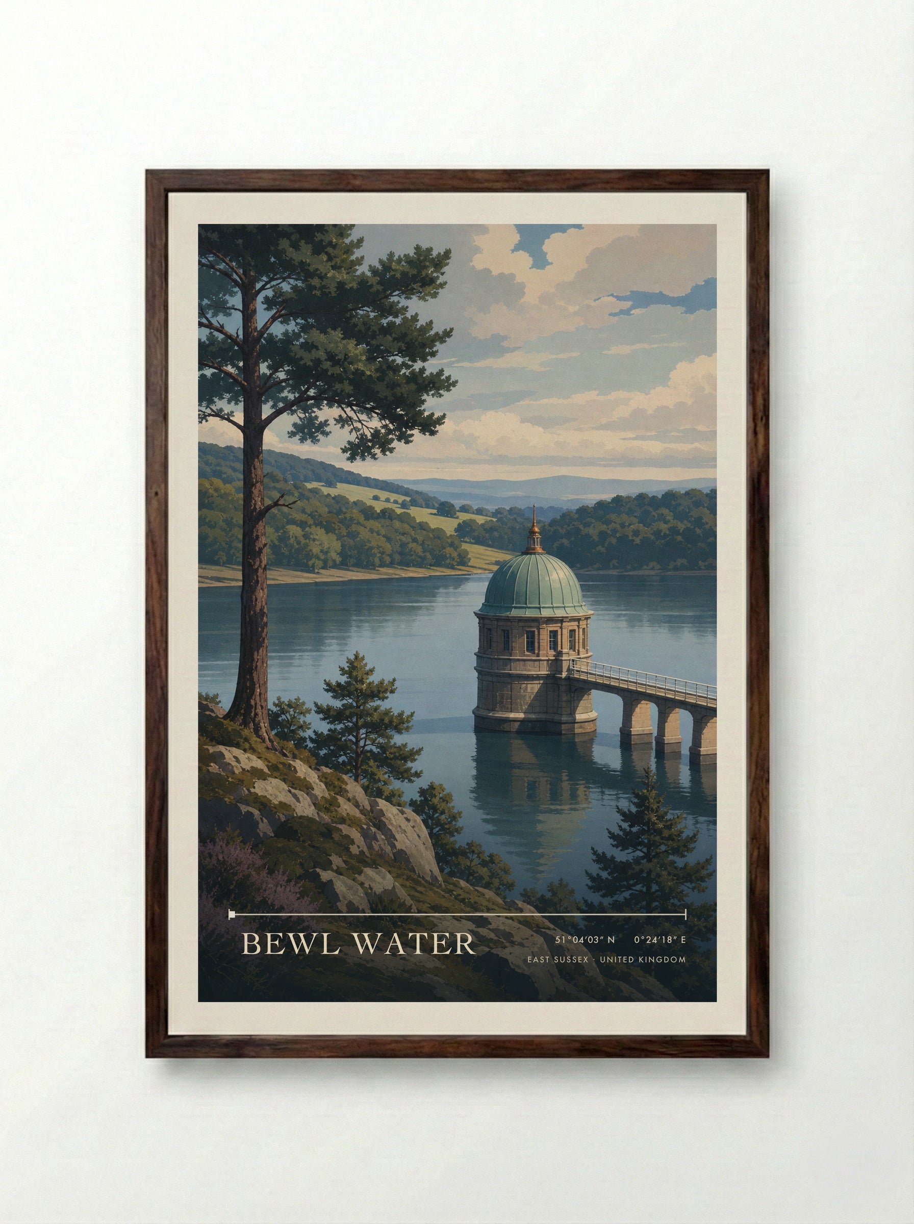 Bewl Water East Sussex United Kingdom Travel Poster - Framed Print Dark Wood