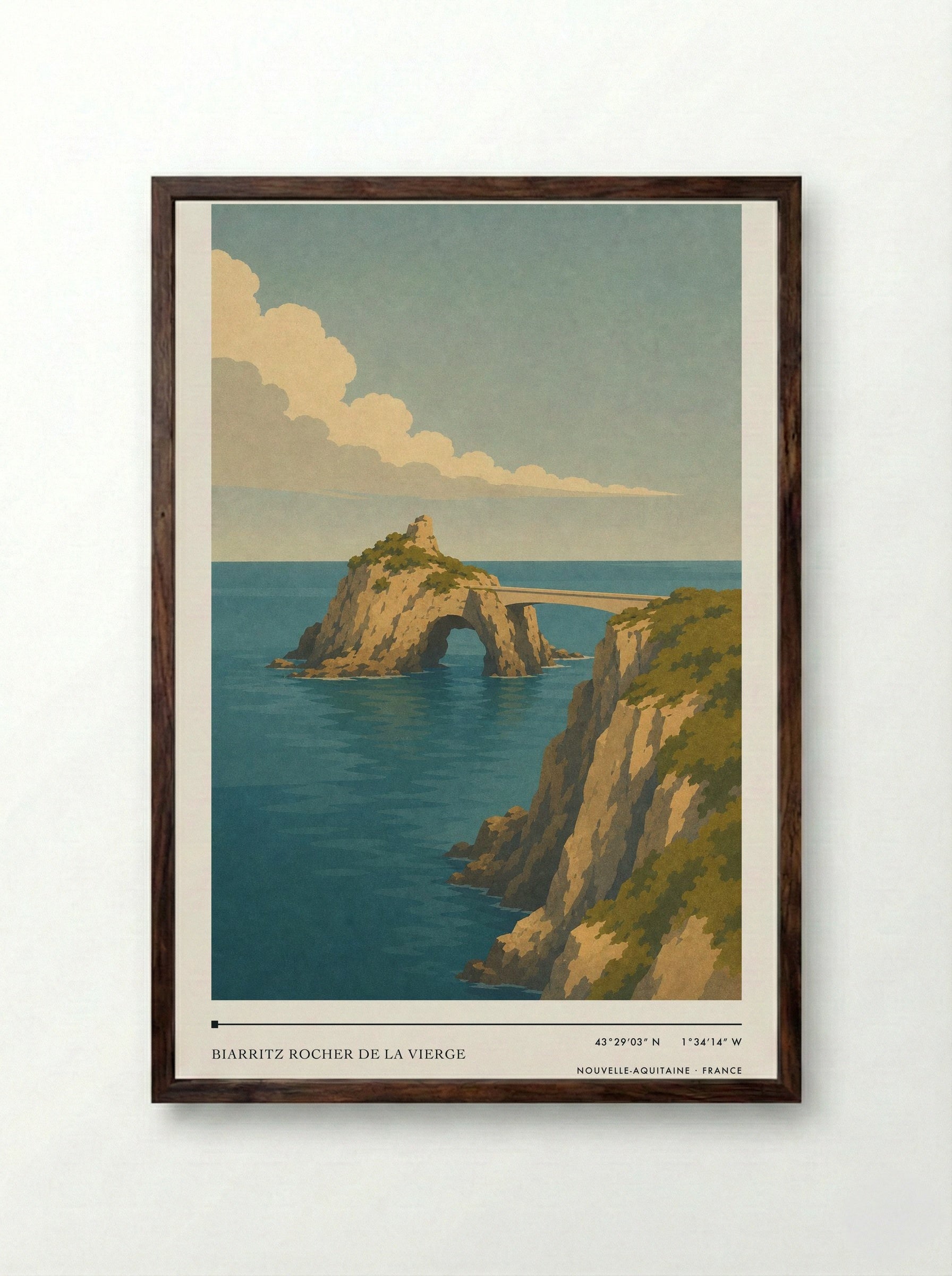 Biarritz Rocher de la Vierge Travel Poster Artwork - Framed Print Dark Wood