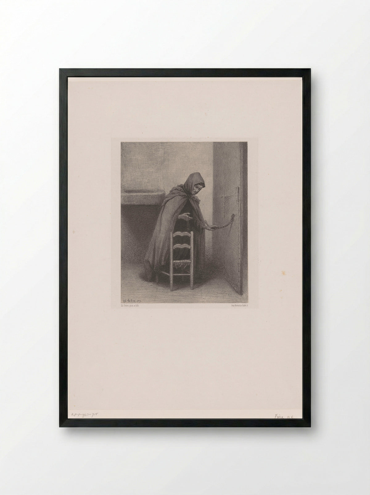 Biddende monnik met rozenkrans in een cel - Édouard Frère - Framed Print Black