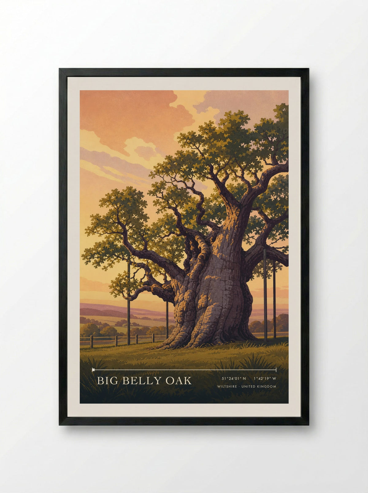 Big Belly Oak Wiltshire United Kingdom Travel Poster - Framed Print Black