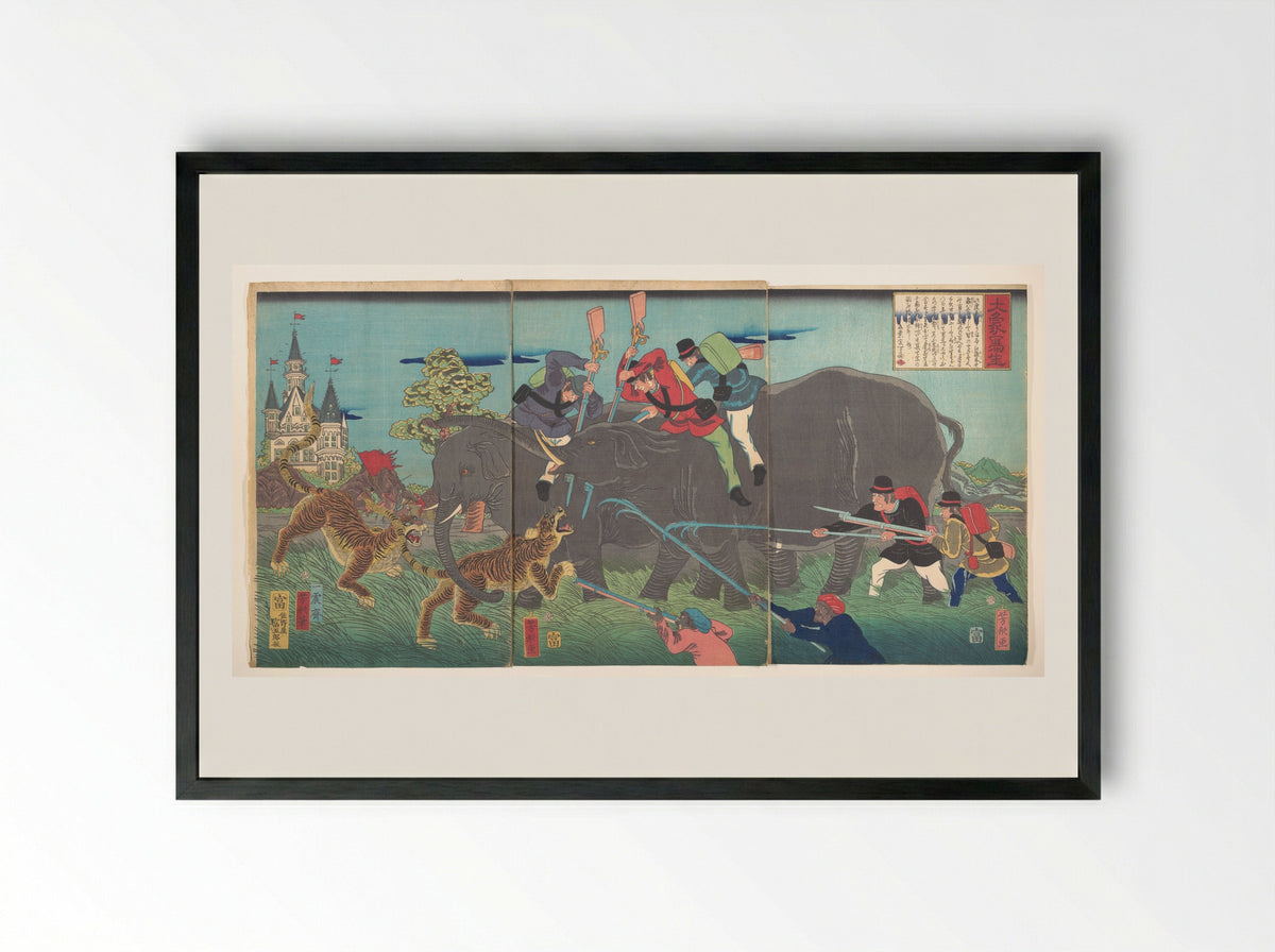 Big Elephants Being Attacked - Isshinsai Yoshikata - Framed Print Black