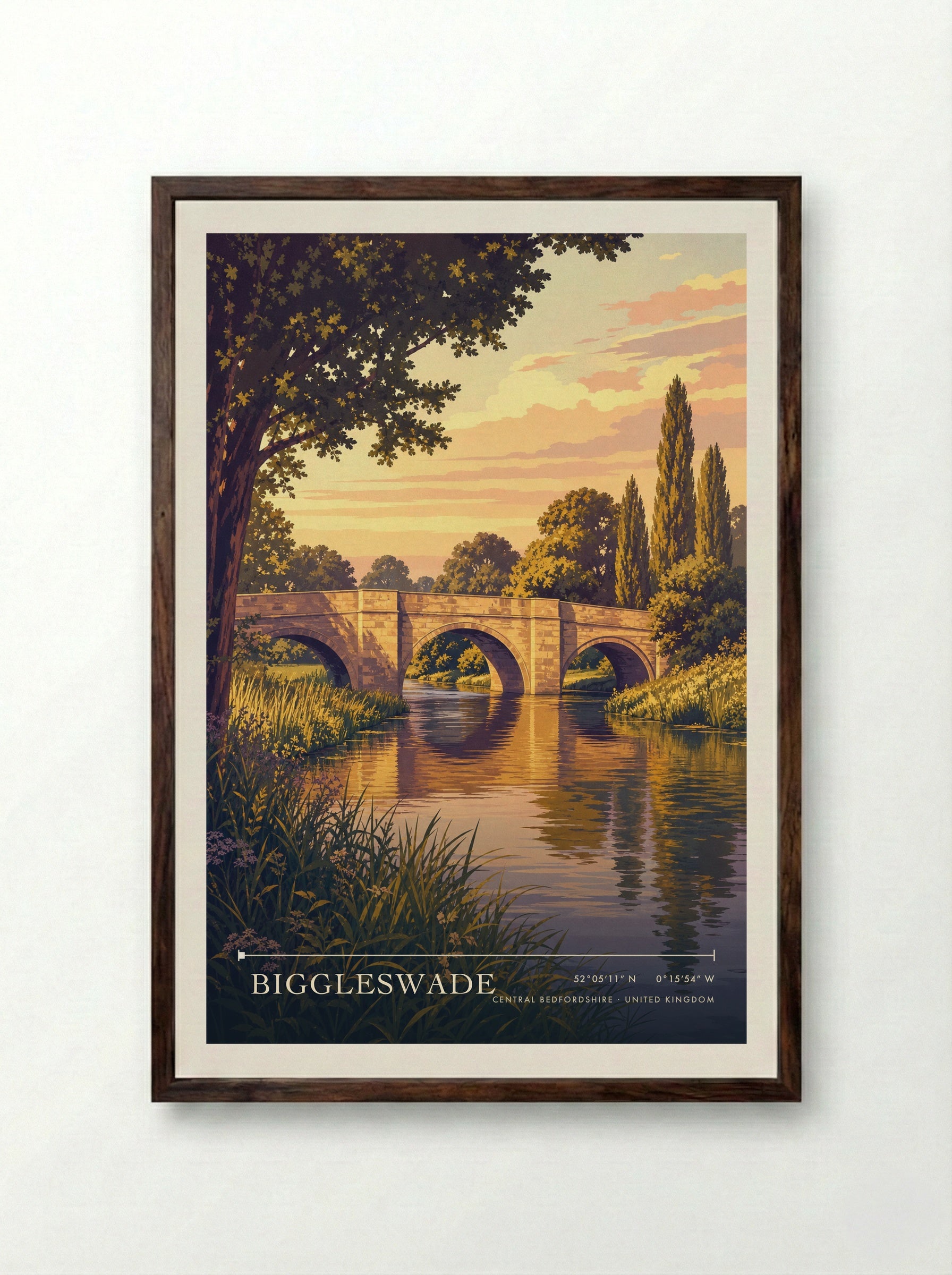 Biggleswade Central Bedfordshire United Kingdom Travel Poster - Framed Print Dark Wood
