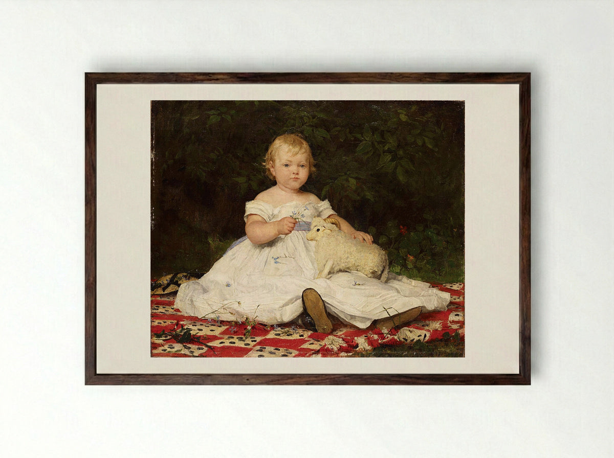 Bildnis Emilie Weiss (mit Plüschtier) - Albert Anker - Framed Print Dark Wood