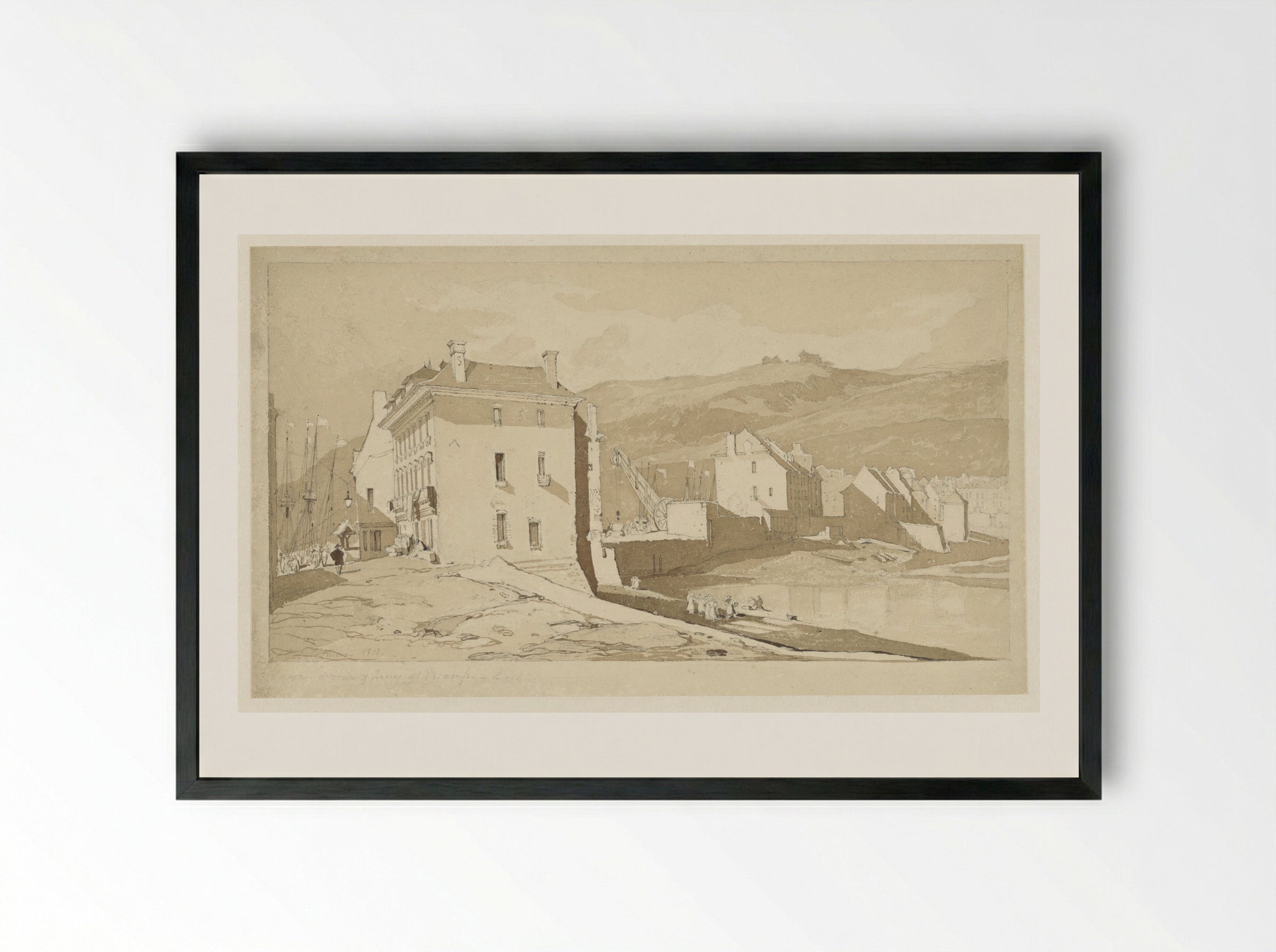 Binnenhaven en kade te Fécamp - John Sell Cotman - Framed Print Black