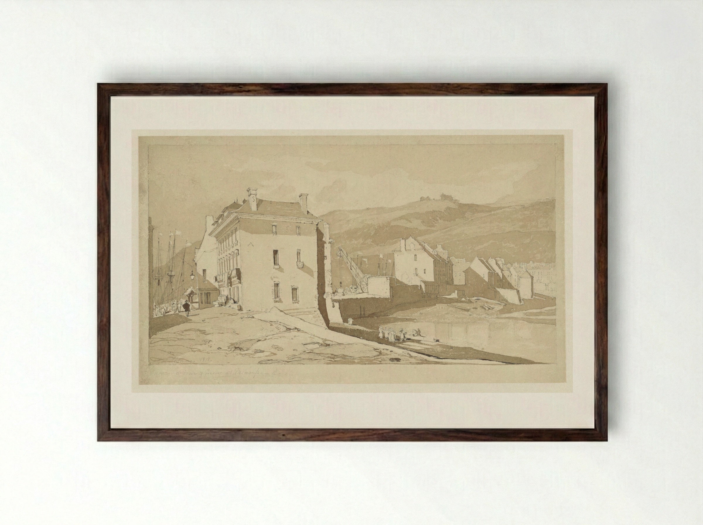 Binnenhaven en kade te Fécamp - John Sell Cotman - Framed Print Dark Wood