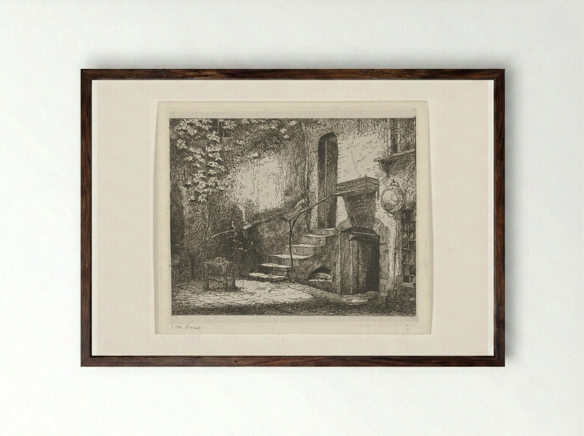 Binnenplaats met trap - Jacobus Ludovicus Cornet - Framed Print Dark Wood