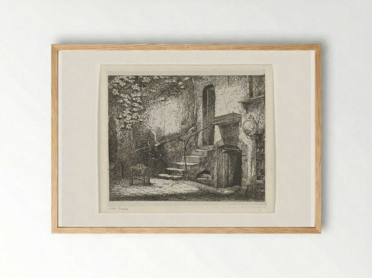 Binnenplaats met trap - Jacobus Ludovicus Cornet - Framed Print Wood