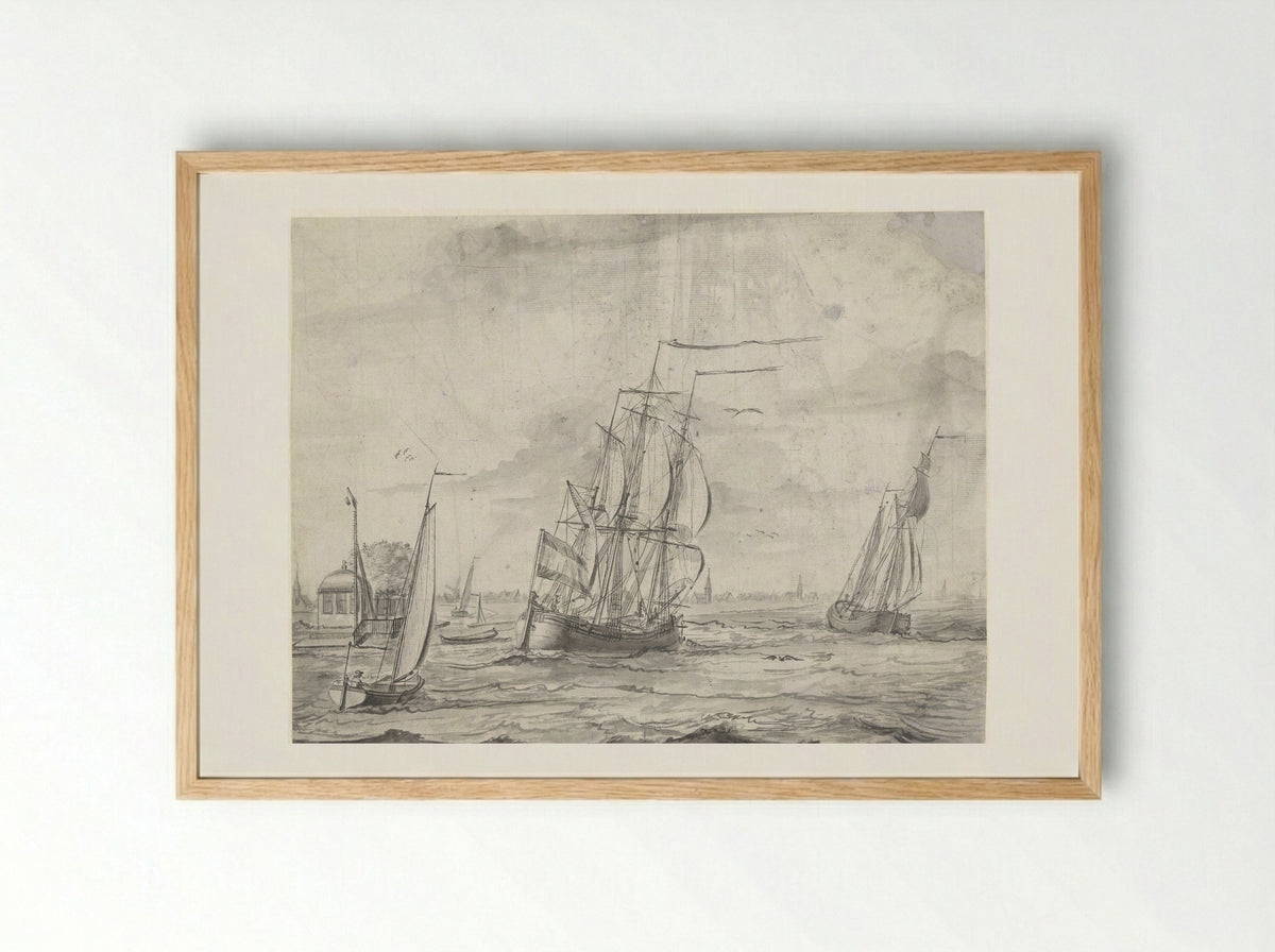 Binnenwater met schepen, in de verte een stadje - Pieter Idserts - Framed Print Wood