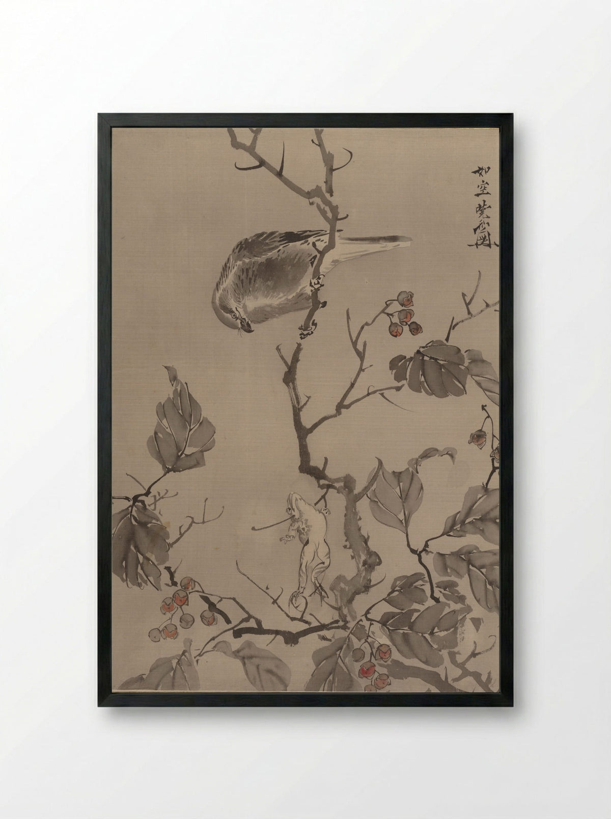 Bird and Frog - Kawanabe Kyōsai - Framed Print Black