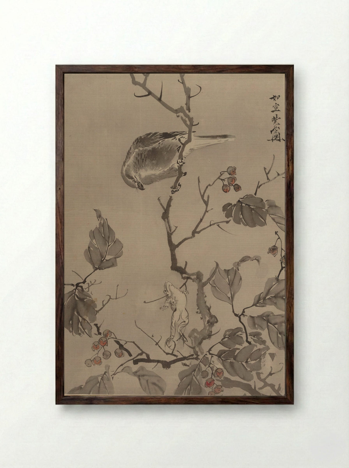 Bird and Frog - Kawanabe Kyōsai - Framed Print Dark Wood