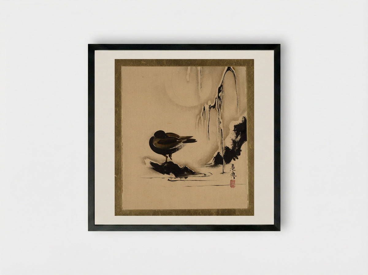 Bird and Willow in Snow - Shibata Zeshin - Framed Print Black