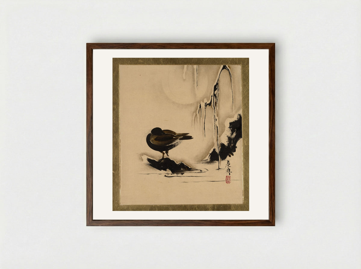 Bird and Willow in Snow - Shibata Zeshin - Framed Print Dark Wood