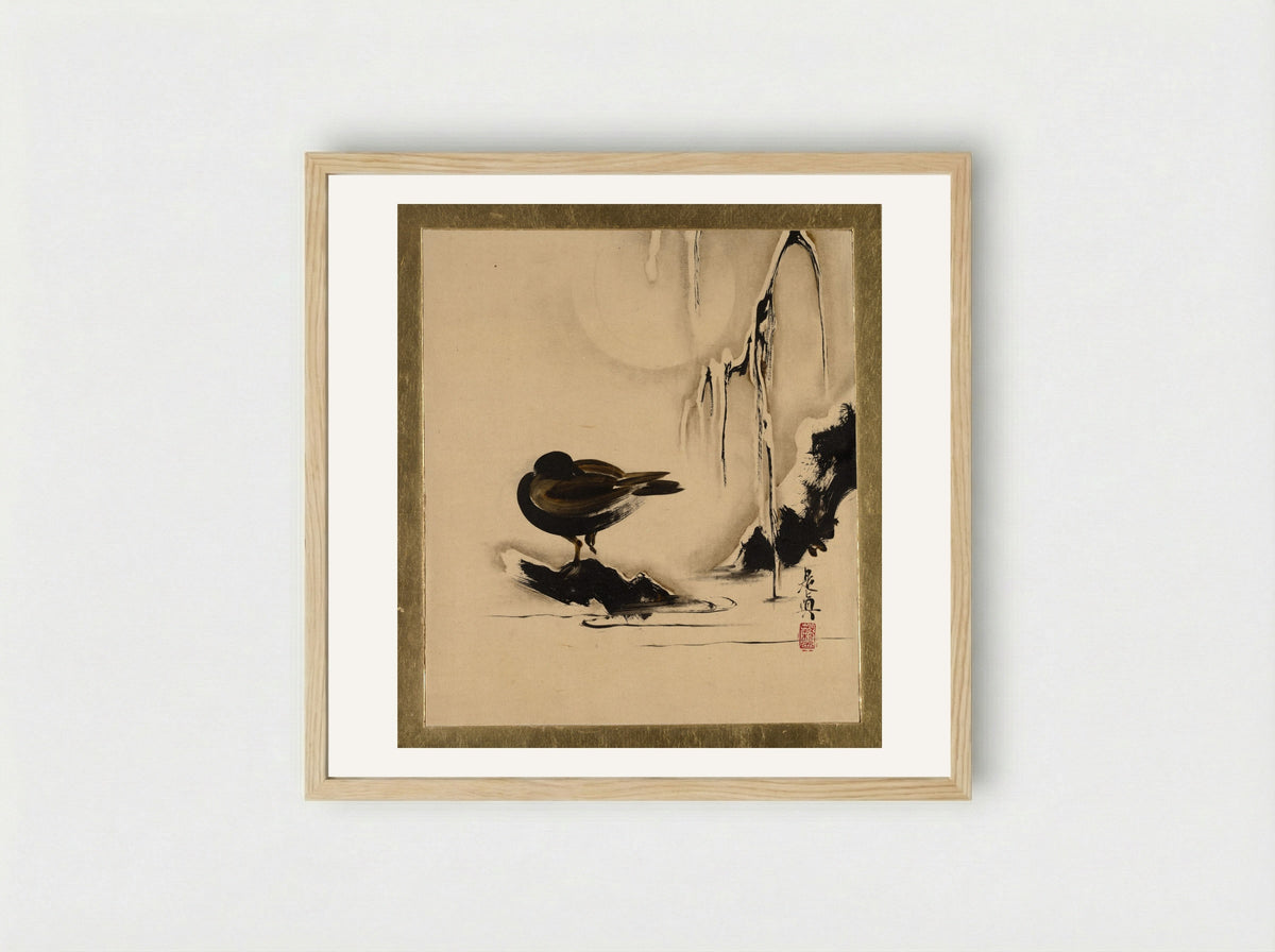Bird and Willow in Snow - Shibata Zeshin - Framed Print Wood
