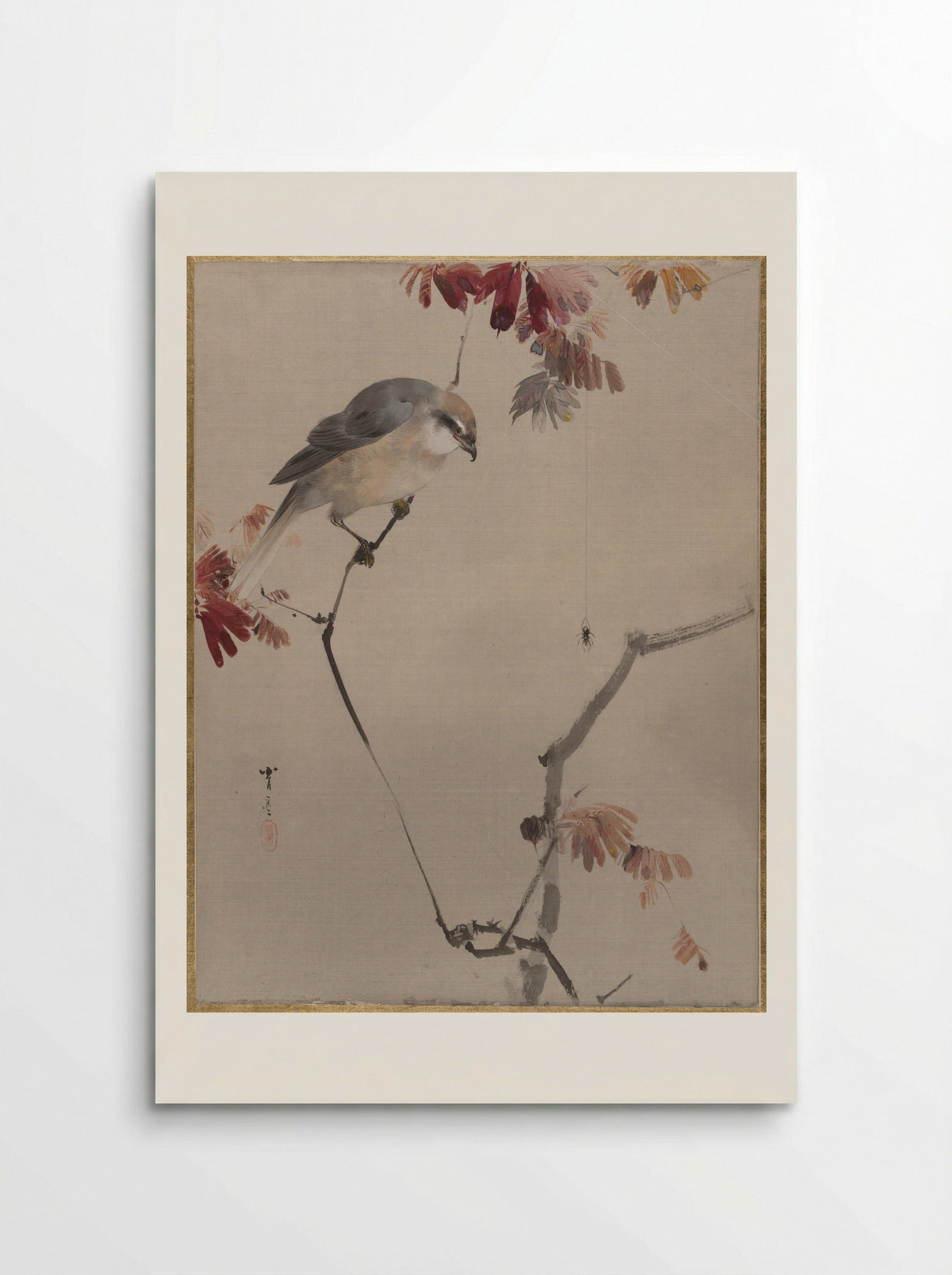 Bird on Branch Watching Spider - Watanabe Seitei - Poster