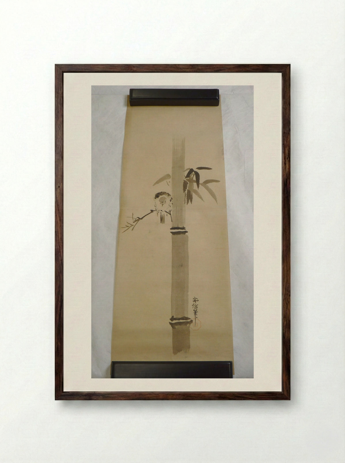Bird on a Bamboo Stalk - Kano Yasunobu - Framed Print Dark Wood