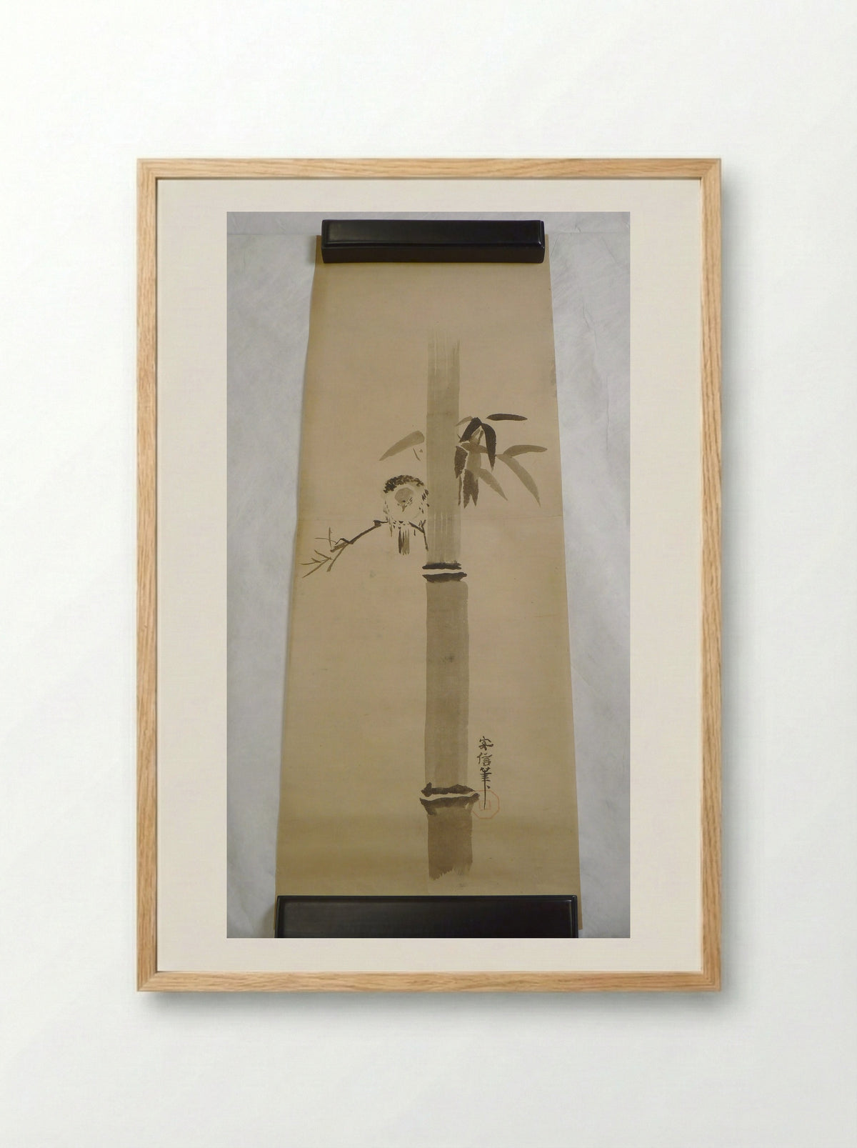 Bird on a Bamboo Stalk - Kano Yasunobu - Framed Print Wood
