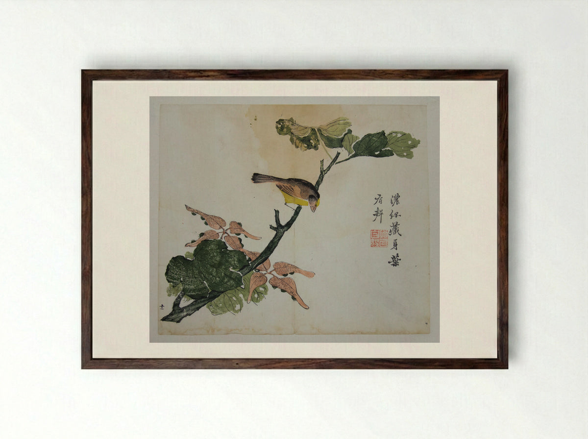 Bird on a Branch - Dao Cheng - Framed Print Dark Wood