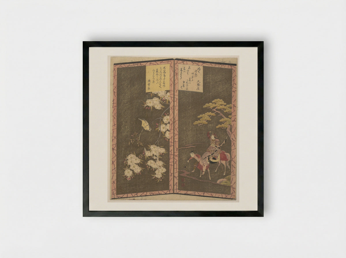 Bird on a Cherry Branch and Minamotono Yoshiié on Horseback - Ryūryūkyo Shinsai - Framed Print Black