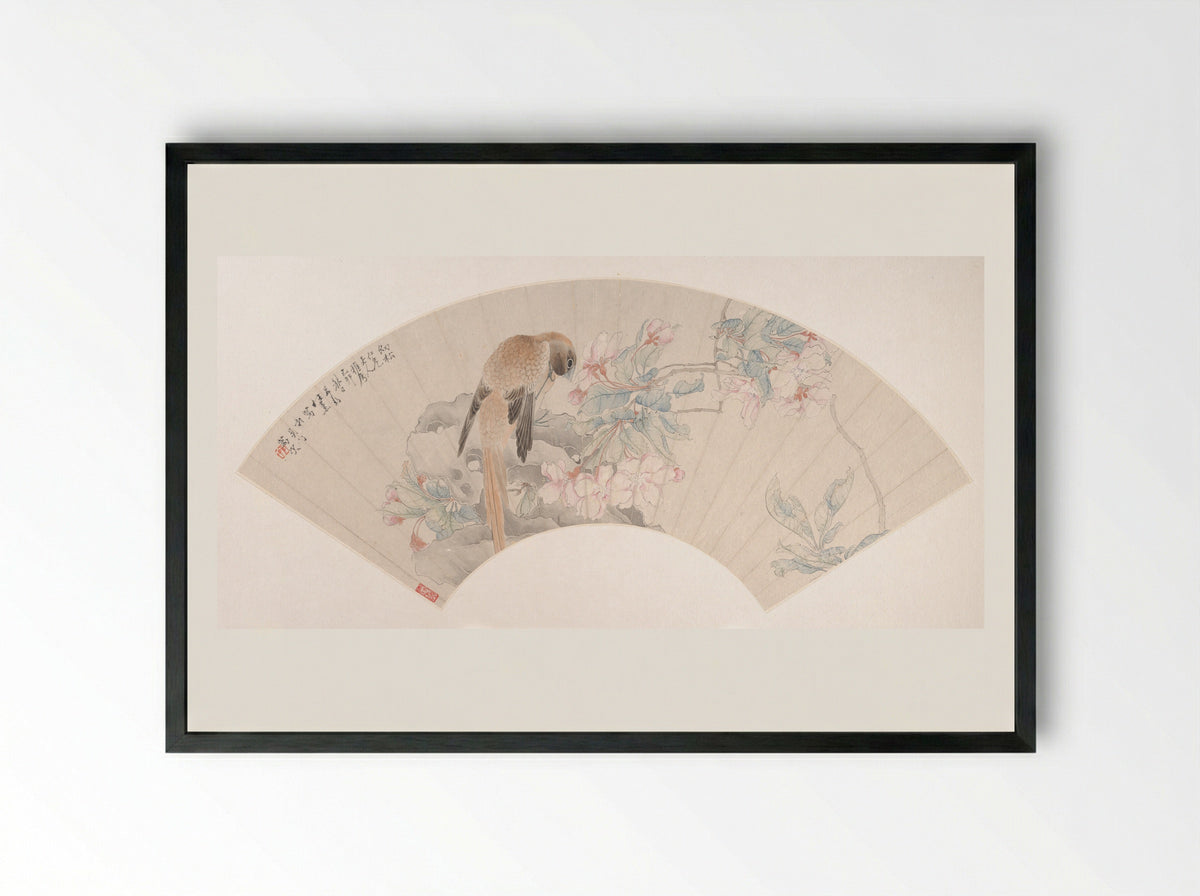 Bird on a Rock by a Flowering Branch - Ren Xun - Framed Print Black