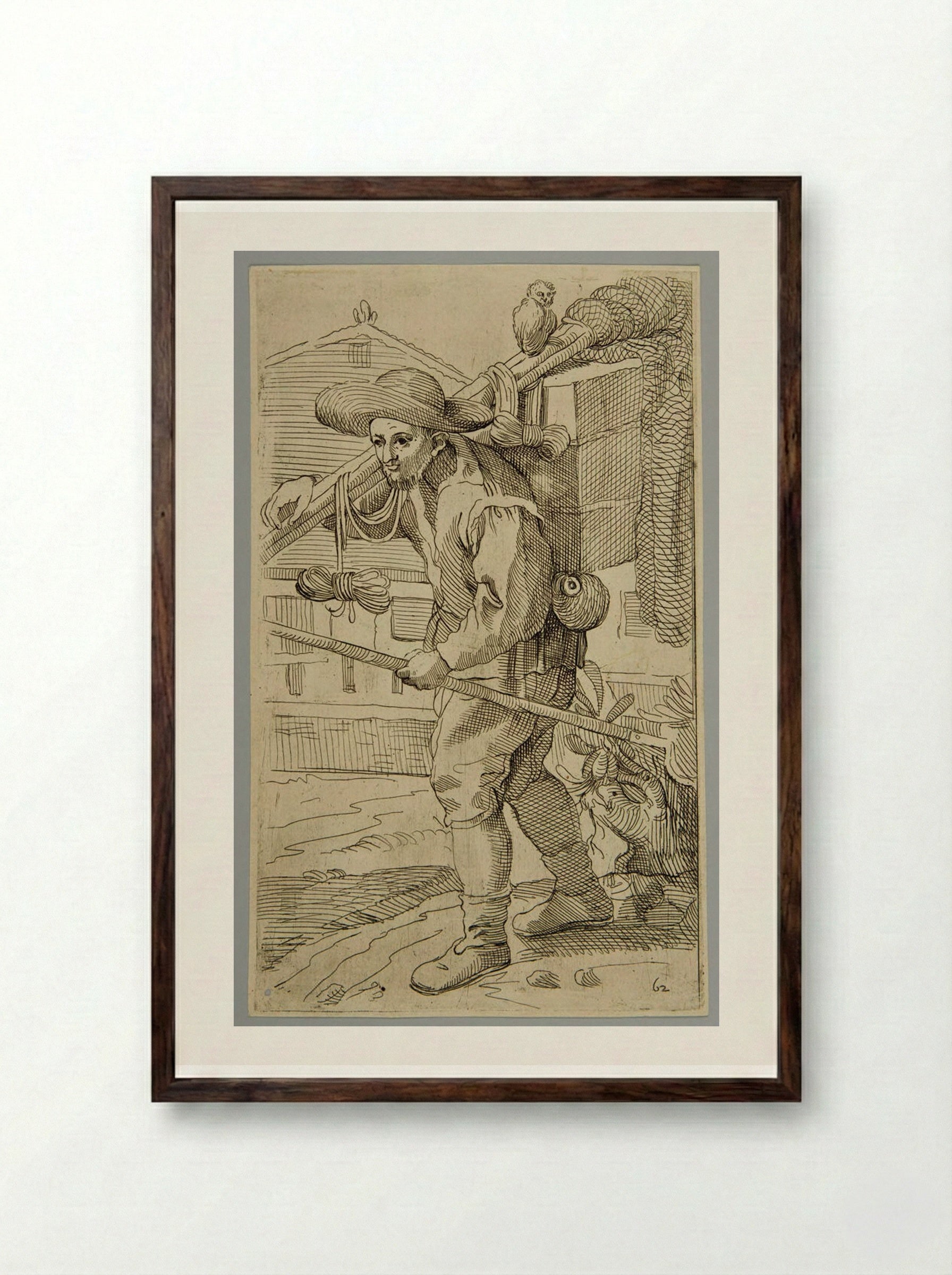 Birdcatcher with a little owl, plate 62 - Simon Guillain - Framed Print Dark Wood