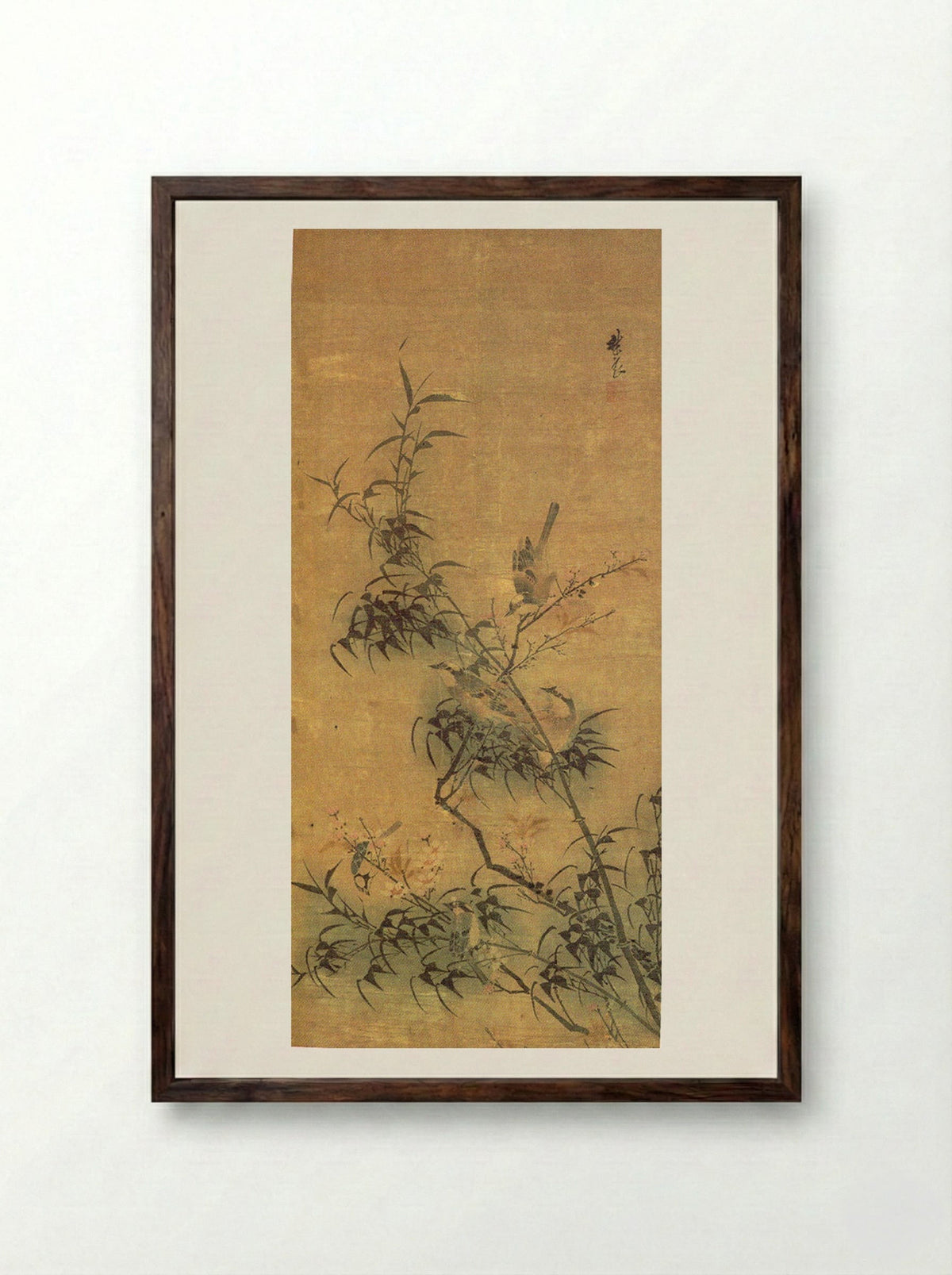 Birds Amidst Blossoming Plum and Bamboo - Lin Liang - Framed Print Dark Wood