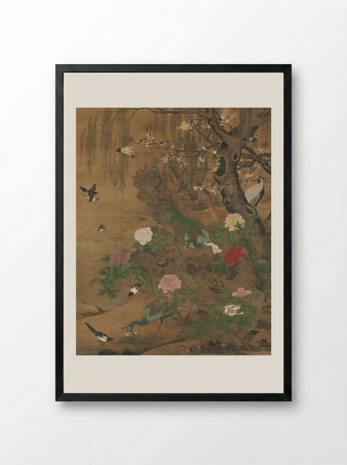 Birds Gather under the Spring Willow - Yin Hong - Framed Print Black